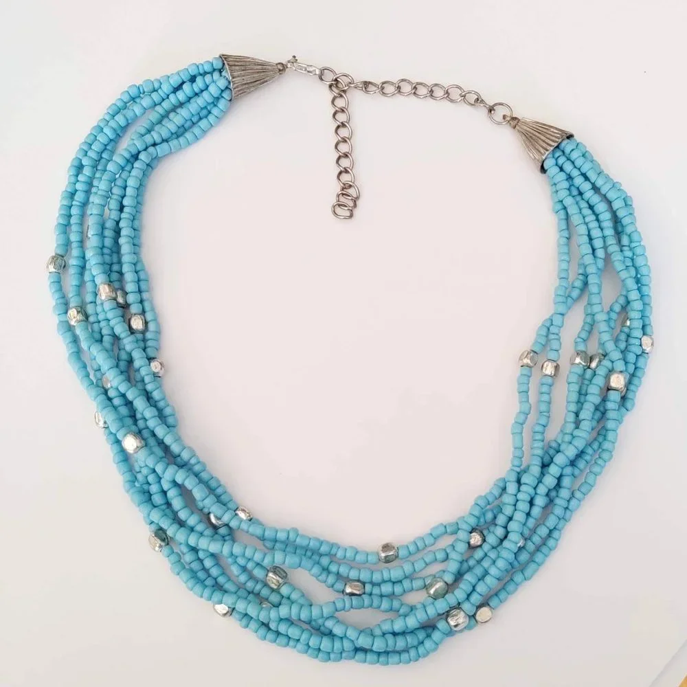 8 strand blue and silver beaded necklace